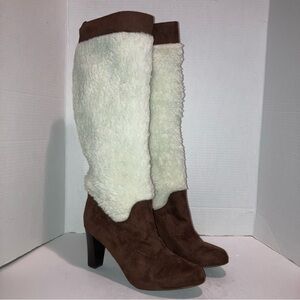 Brown Faux Sherpa And Faux Suede High Heel Pull On Boots Size 10